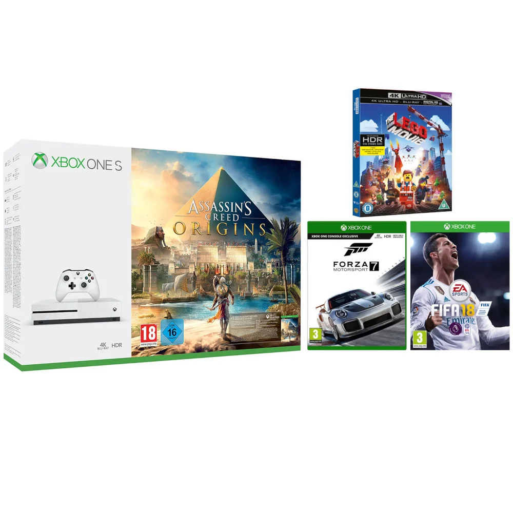 Xbox One S 1TB - With Assassin's Creed Origins, Forza 7, FIFA 18 & The LEGO Movie 4K Ultra HD Blu-ray Image 1