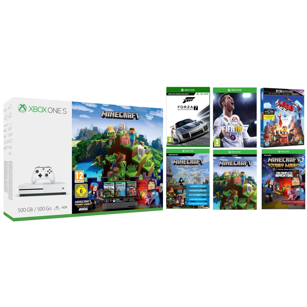 Xbox One S 500GB with Minecraft Complete Adventure, Forza 7, FIFA 18 & The LEGO Movie 4K Ultra HD Blu-ray Image 1