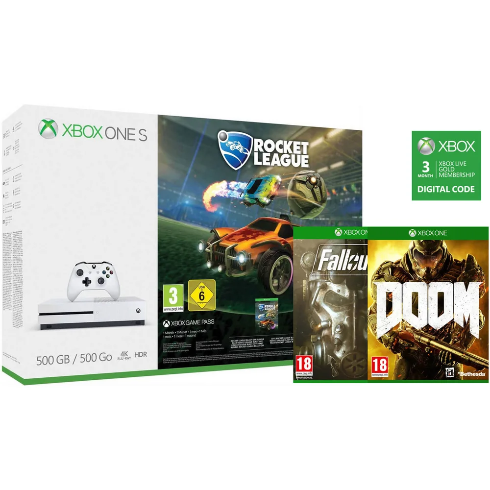 Xbox One S 500GB with Rocket League, 3 Months Xbox Live Gold, DOOM & Fallout 4 Image 1