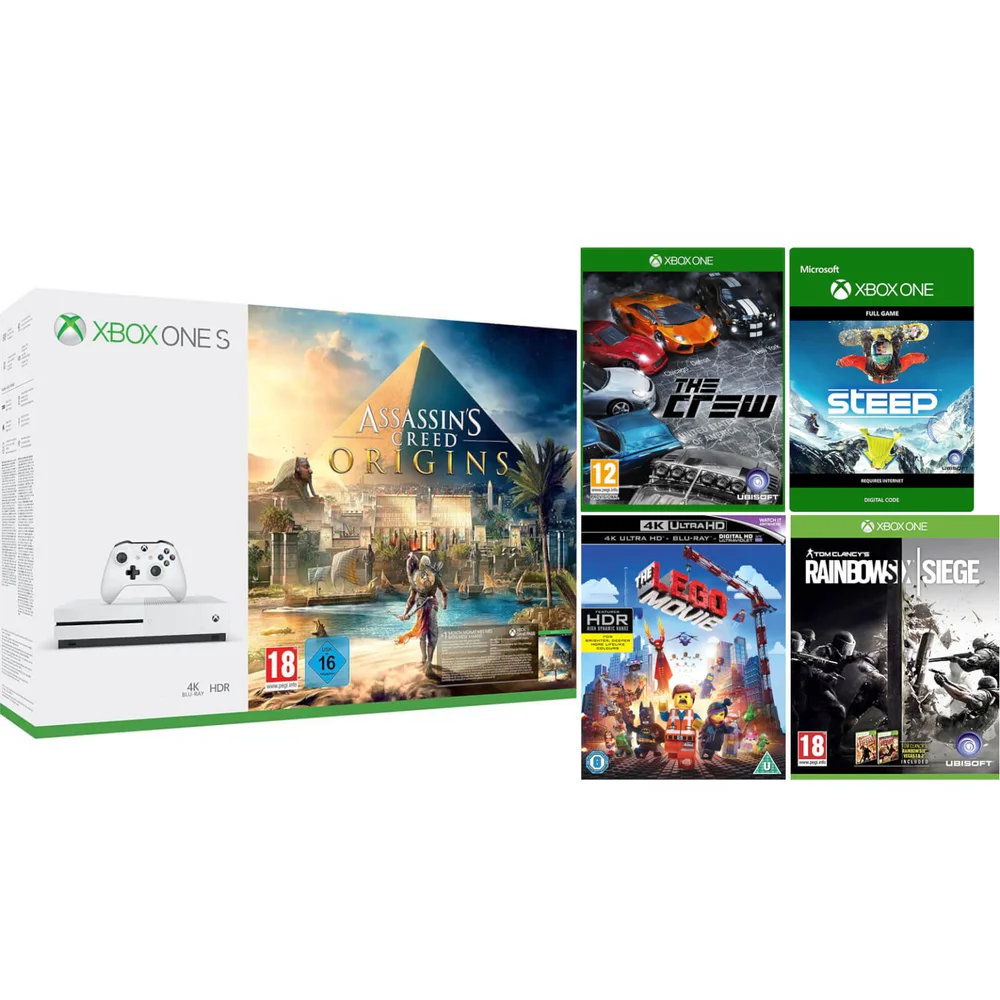 Xbox One S 1TB with Assassins Creed: Origins, Rainbow Six: Siege, Forza 7, Steep, The Crew, The Lego Movie 4K Image 1