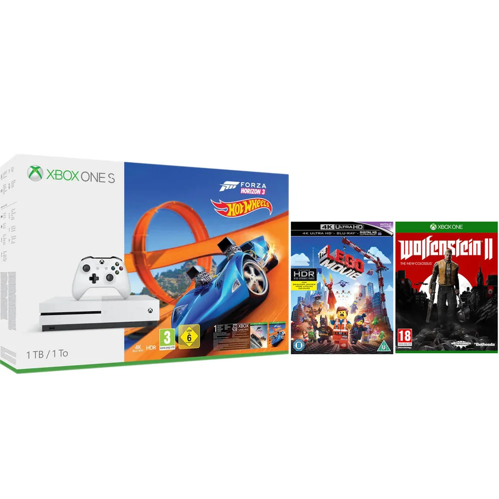 Xbox One S 1TB with Forza Horizon 3 Hot Wheels Bonus with The Lego Movie 4K, Wolfenstein II, Image 1