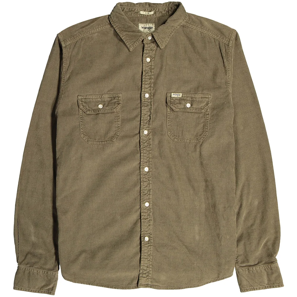 Wrangler Men's 2 Pocket Micro Cord Shirt - Army Green - S Image 1