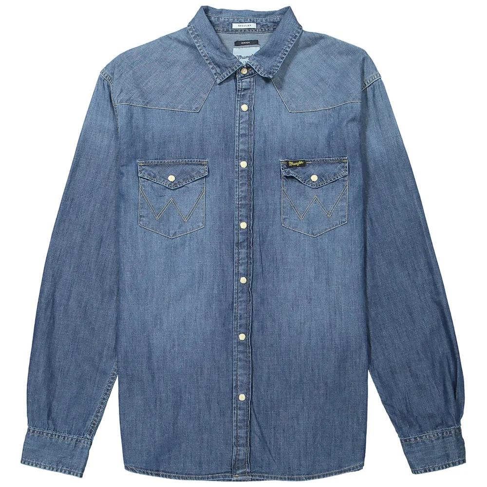 Wrangler Men's Western Denim Shirt - Mid Indigo - S - Blue Image 1