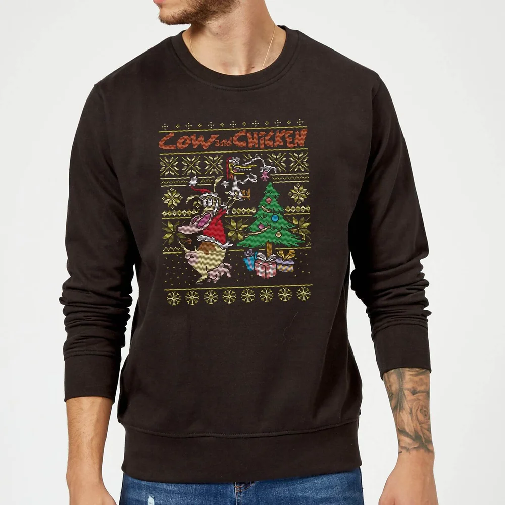 Cow and Chicken Cow And Chicken Pattern Christmas Jumper - Black - S Image 1