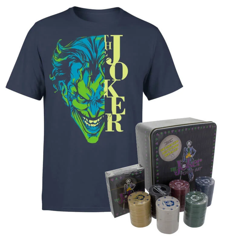 DC Comics Batman Split Joker Stare Navy T-shirt & Joker Poker Bundle - Men's S - Navy Image 1