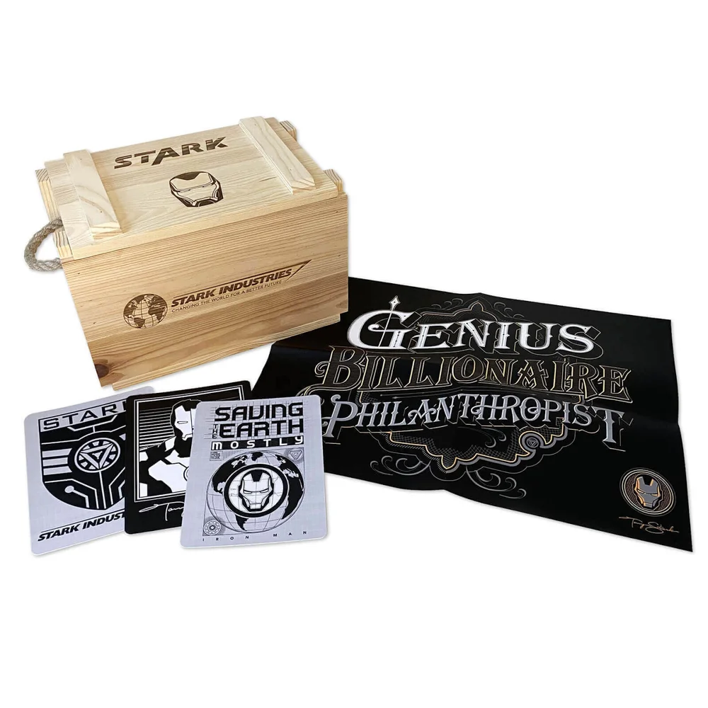 Iron Man Stark Industries Ammo Crate with Tony Stark Poster, Art Cards Zavvi Exclusive & 1 -3 4K Ultra HD Blu-ray Bundle Image 1