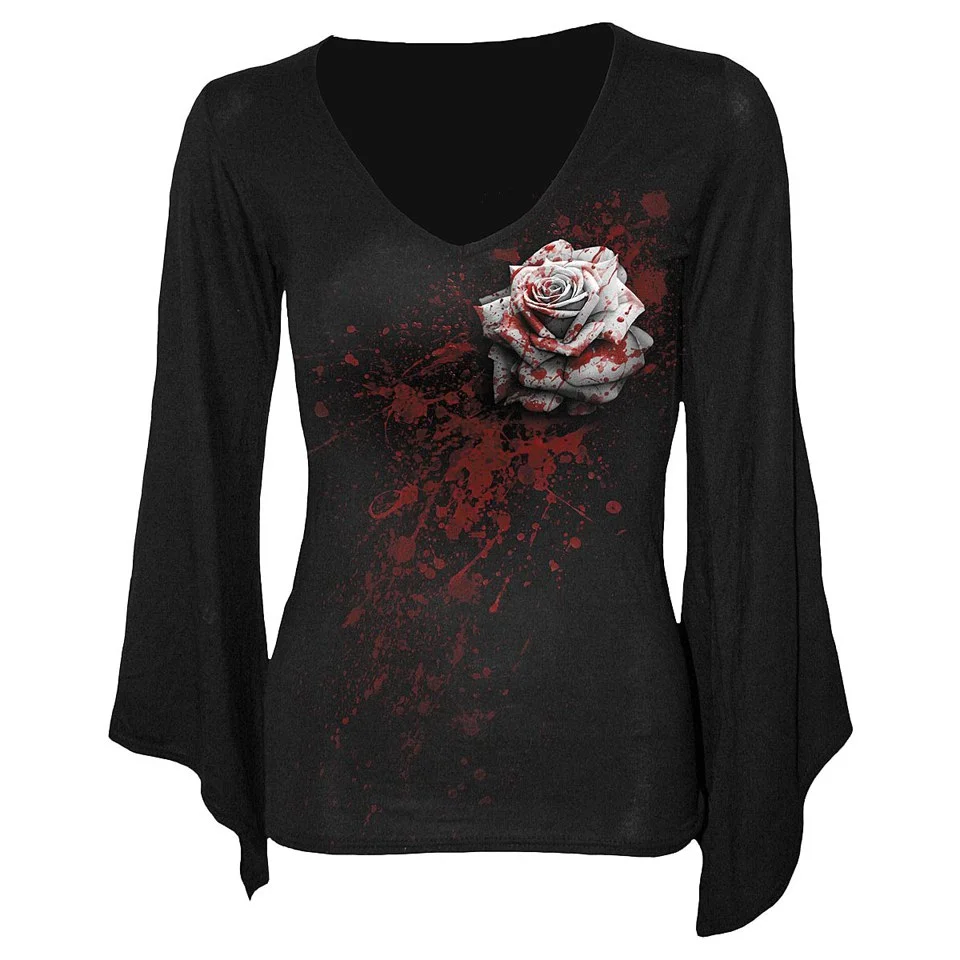 Spiral Women's WHITE ROSE V Neck Goth Sleeve Top - Black - L - Black Image 1