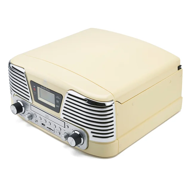 GPO Retro Memphis Turntable 4-in-1 Music System with Built in CD and FM Radio - Cream