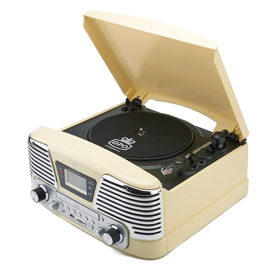 GPO Retro Memphis Turntable 4-in-1 Music System with Built in CD and FM Radio - Cream Image 1