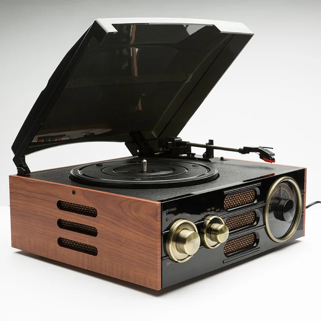 GPO Retro Empire Classic Vintage Style 3-Speed Record Player Turntable with Radio and Built-In Speaker - Black/Brown
