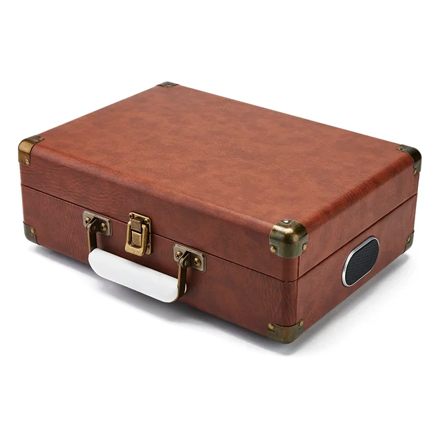 GPO Retro Attache Briefcase Style Three-Speed Portable Vinyl Turntable with Free USB Stick and Built-In Speakers - Vintage Brown