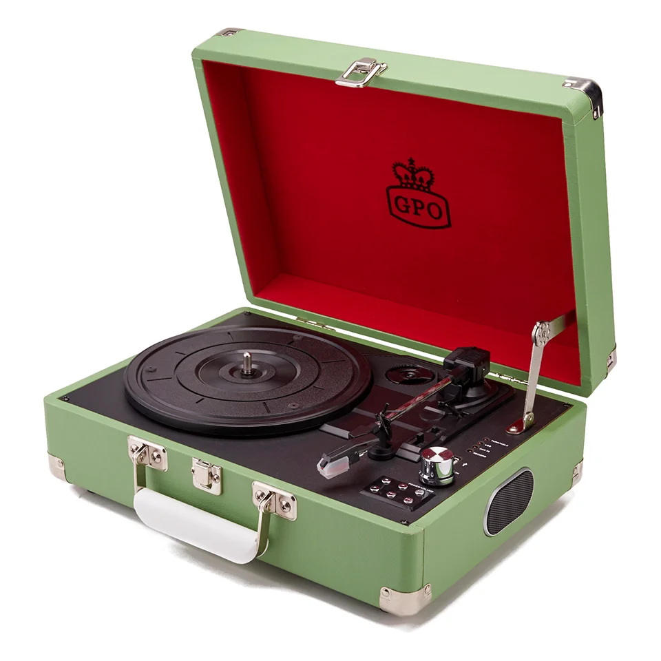 GPO Retro Attache Briefcase Style Three-Speed Portable Vinyl Turntable with Free USB Stick and Built-In Speakers - Apple Green Image 1