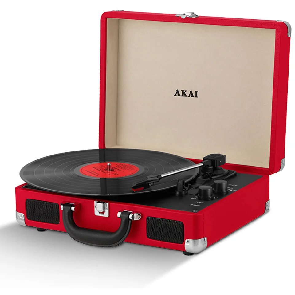 Akai Rechargeable Portable Briefcase Turntable with Built-In Speaker - Red Image 1