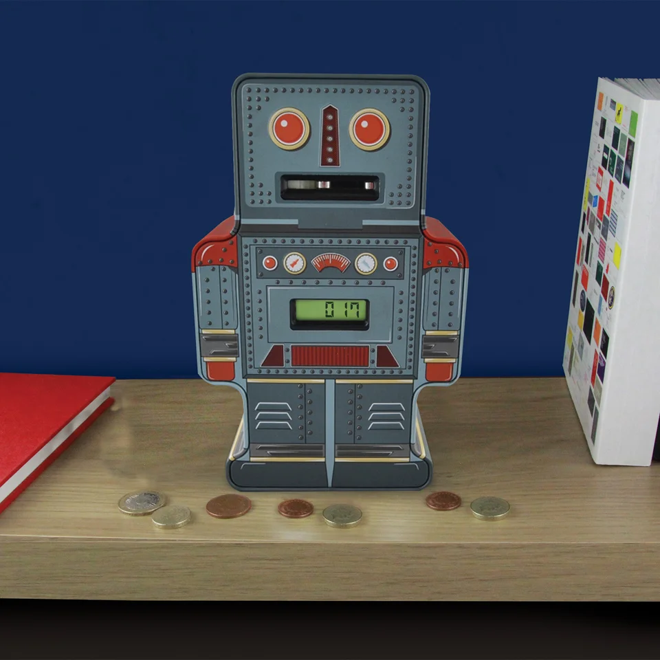 Tin Robot Counting Money Box - Grey/Red Image 1