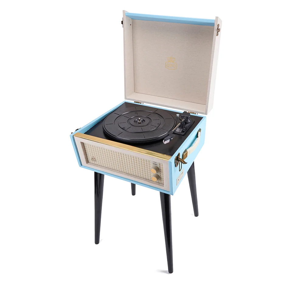 GPO Retro Bermuda Classic Style Turntable with MP3, USB, Built-In Speakers and Removable Legs - Blue/Cream Image 1