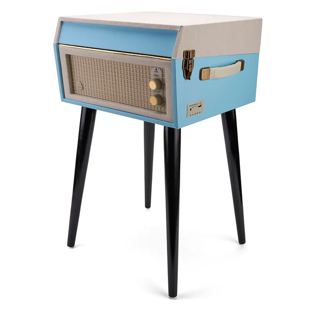 GPO Retro Bermuda Classic Style Turntable with MP3, USB, Built-In Speakers and Removable Legs - Blue/Cream