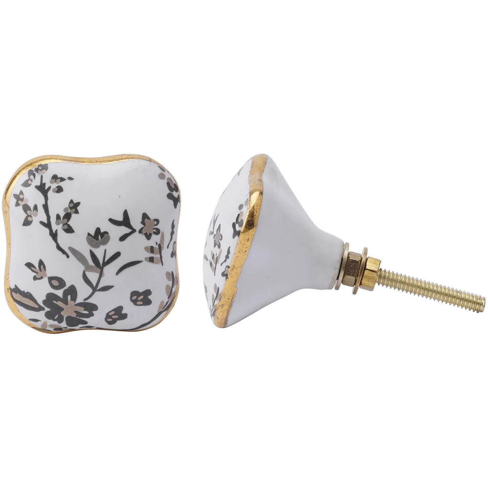 White and Grey Floral Ceramic Drawer Pull Image 1