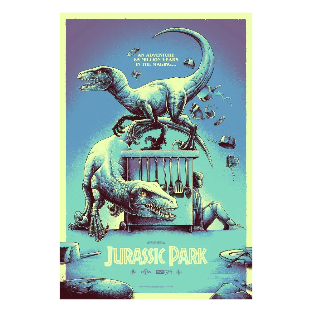Jurassic Park x Luke Preece - Raptors in the Kitchen - Glow in the Dark - Screen-Print -24"x36”. Image 1