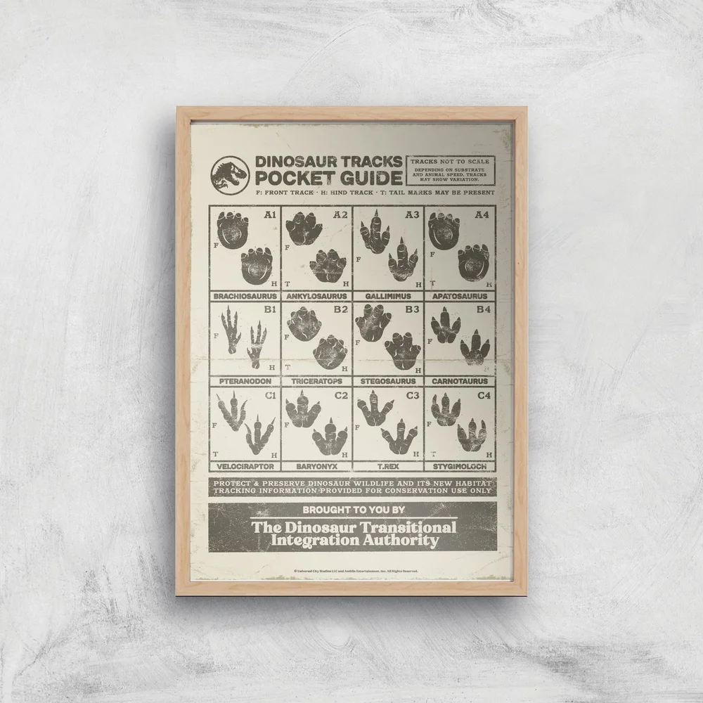 Jurassic World Dino Tracks Pocket Guide Giclee Art Print - A4 - Wooden Frame Image 1