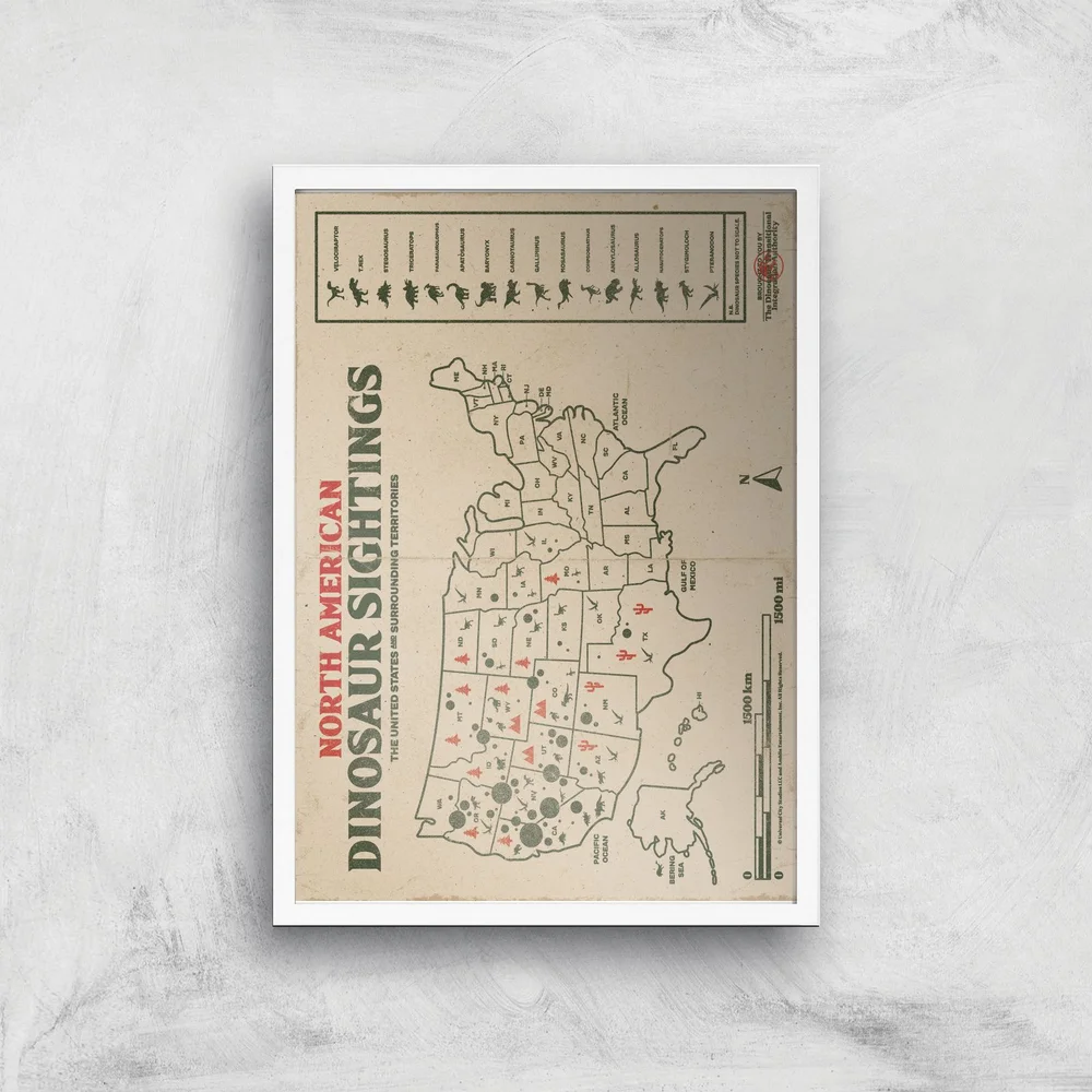 Jurassic World Dinosaur Sightings Map Giclee Art Print - A4 - White Frame Image 1