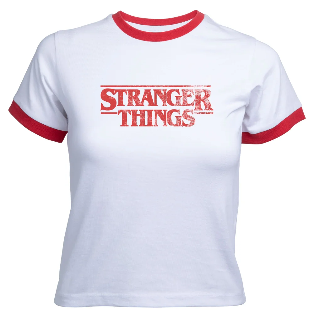 Stranger Things Vintage Logo Women's Cropped Ringer T-Shirt - White Red - XS Image 1