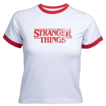 Stranger Things Vintage Logo Women's Cropped Ringer T-Shirt - White Red