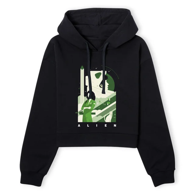Alien Ripley Space Collage Women's Cropped Hoodie - Black