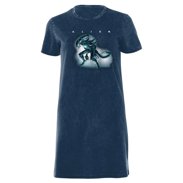 Alien Drooling Through Smoke Women's T-Shirt Dress - Navy Acid Wash