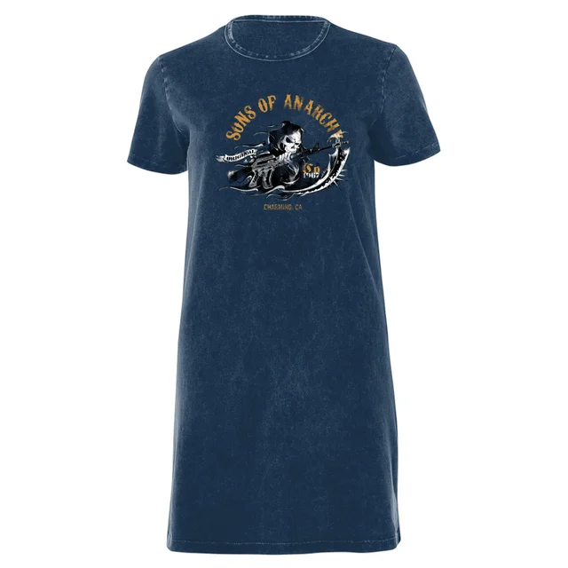 Sons of Anarchy Reaper Illustration Women's T-Shirt Dress - Navy Acid Wash