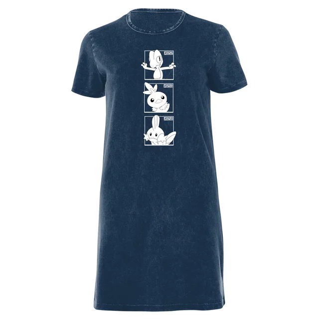 Pokemon Generation 3 Monochrome Starters Women's T-Shirt Dress - Navy Acid Wash
