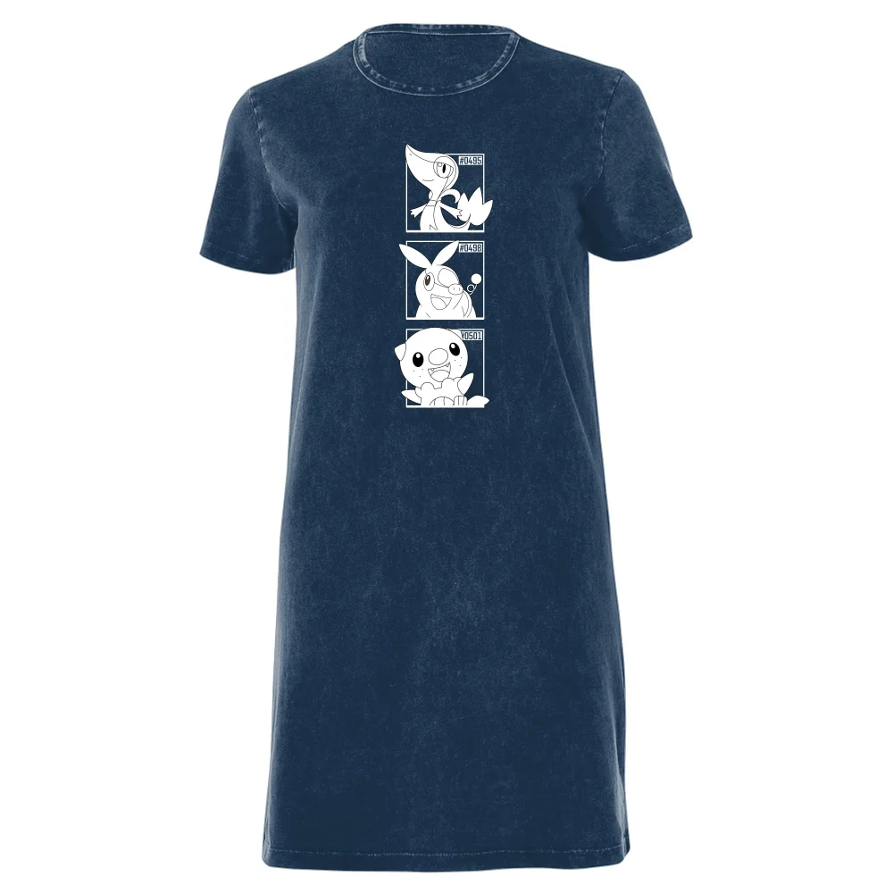 Pokemon Generation 5 Monochrome Starters Women's T-Shirt Dress - Navy Acid Wash - XXL Image 1