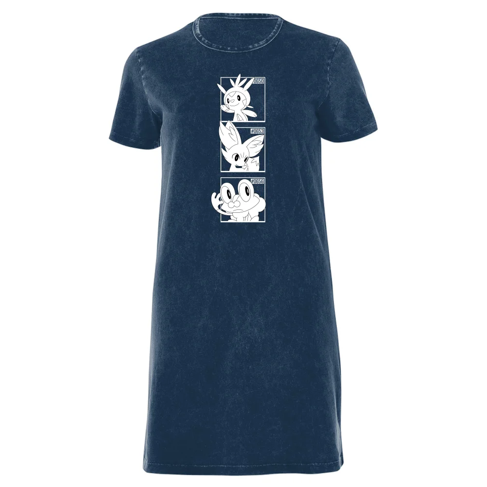 Pokemon Generation 6 Monochrome Starters Women's T-Shirt Dress - Navy Acid Wash - XXL Image 1