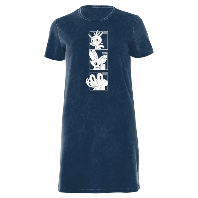 Pokemon Generation 6 Monochrome Starters Women's T-Shirt Dress - Navy Acid Wash