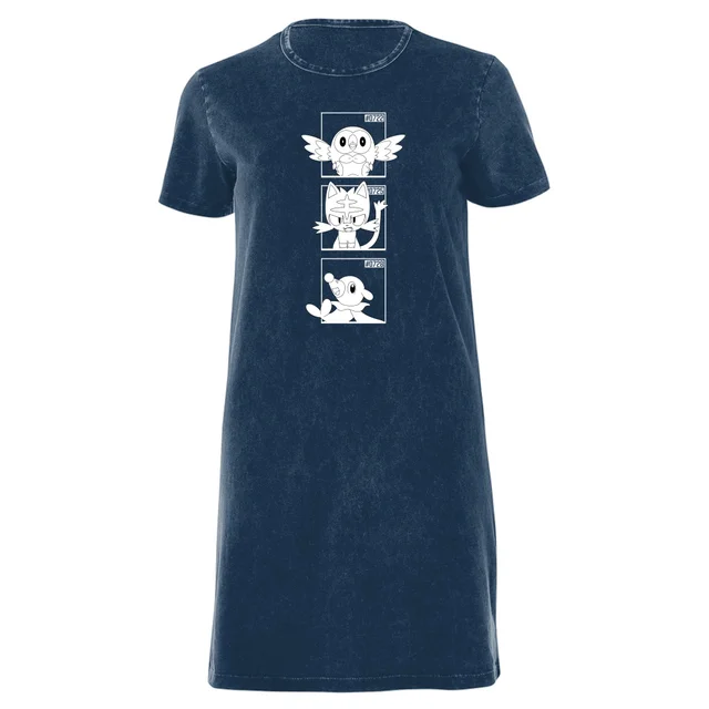 Pokemon Generation 7 Monochrome Starters Women's T-Shirt Dress - Navy Acid Wash