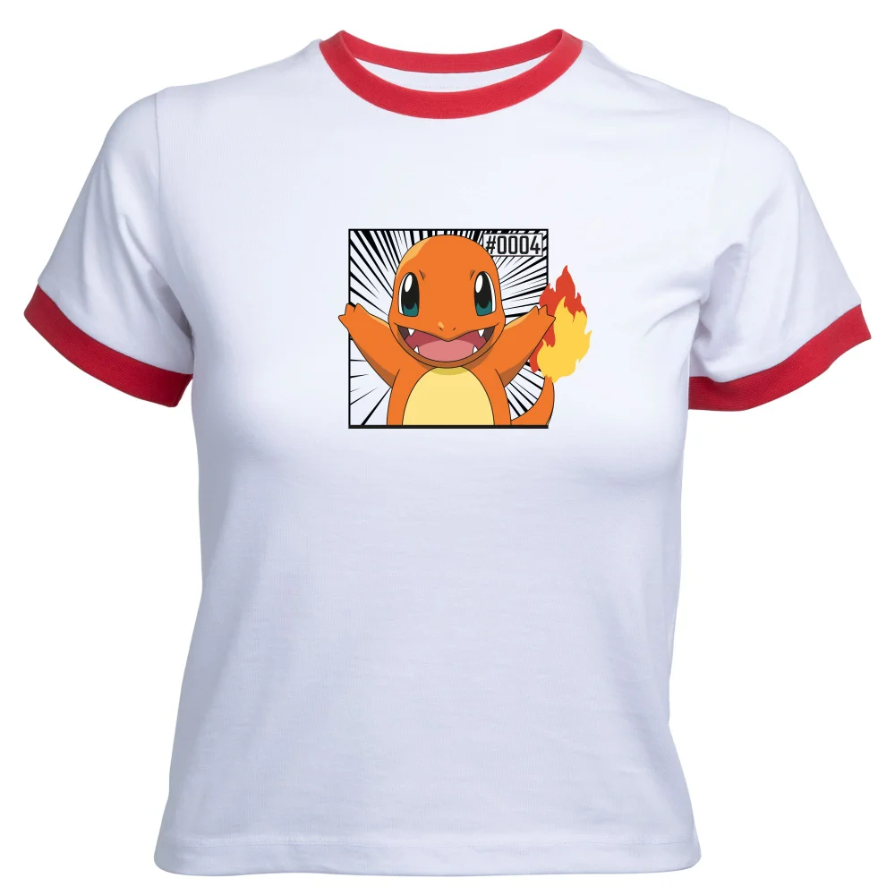Pokémon Pokédex Charmander #0004 Women's Cropped Ringer T-Shirt - White Red - XS Image 1