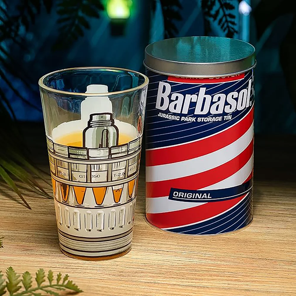 Jurassic Park Drinking Glass in a Collectible Barbasol Shaving Cream Tin Image 1