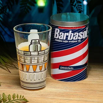 Jurassic Park Drinking Glass in a Collectible Barbasol Shaving Cream Tin