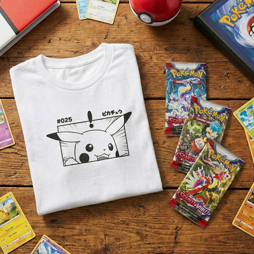Pokémon Pikachu T-Shirt & Pokémon TCG Bundle - 3 x Base Set Scarlet & Violet Booster Packs - L Image 1