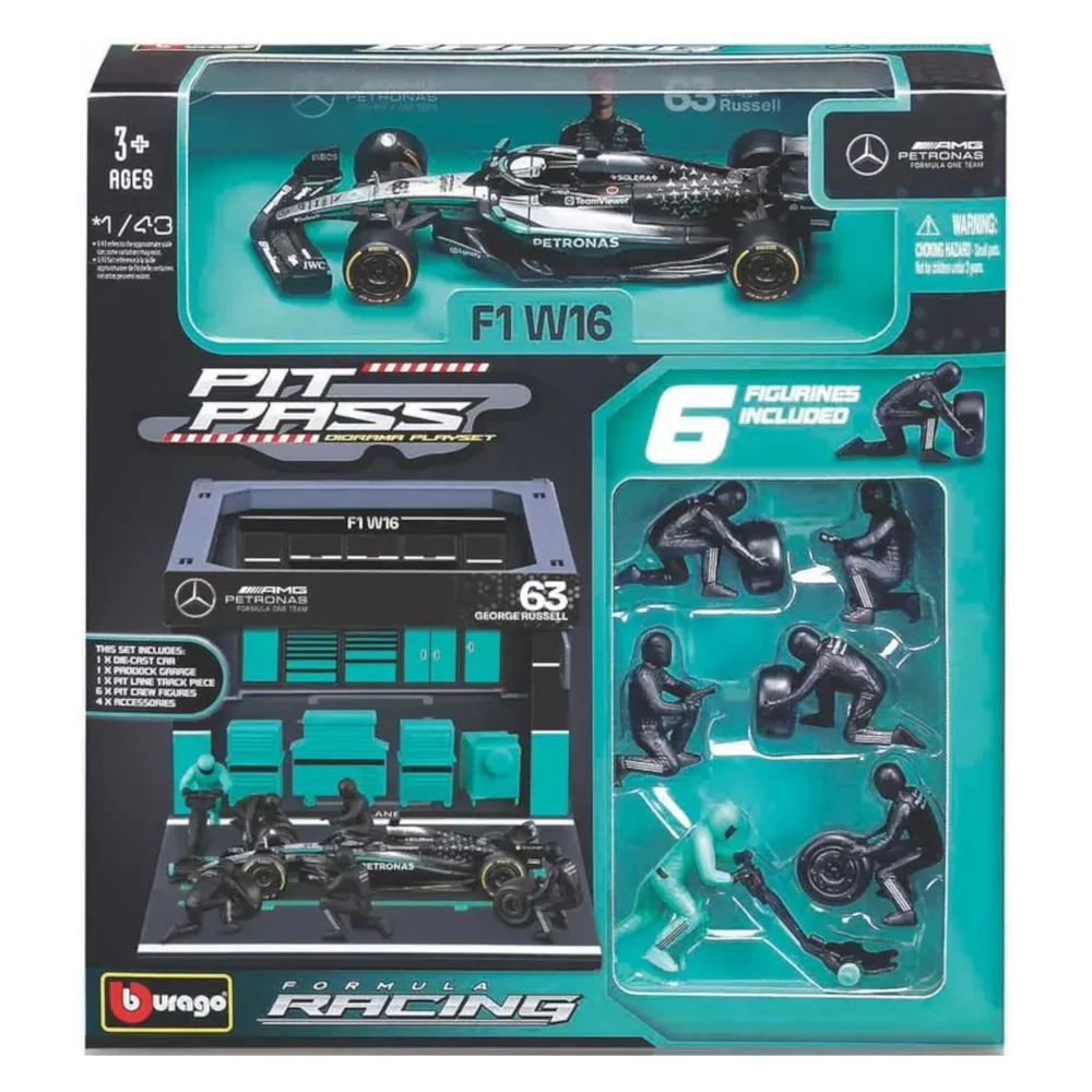 Bburago F1 Mercedes AMG W16 2025 Pit Pass Diorama Russell 1:43 Scale Model Image 1